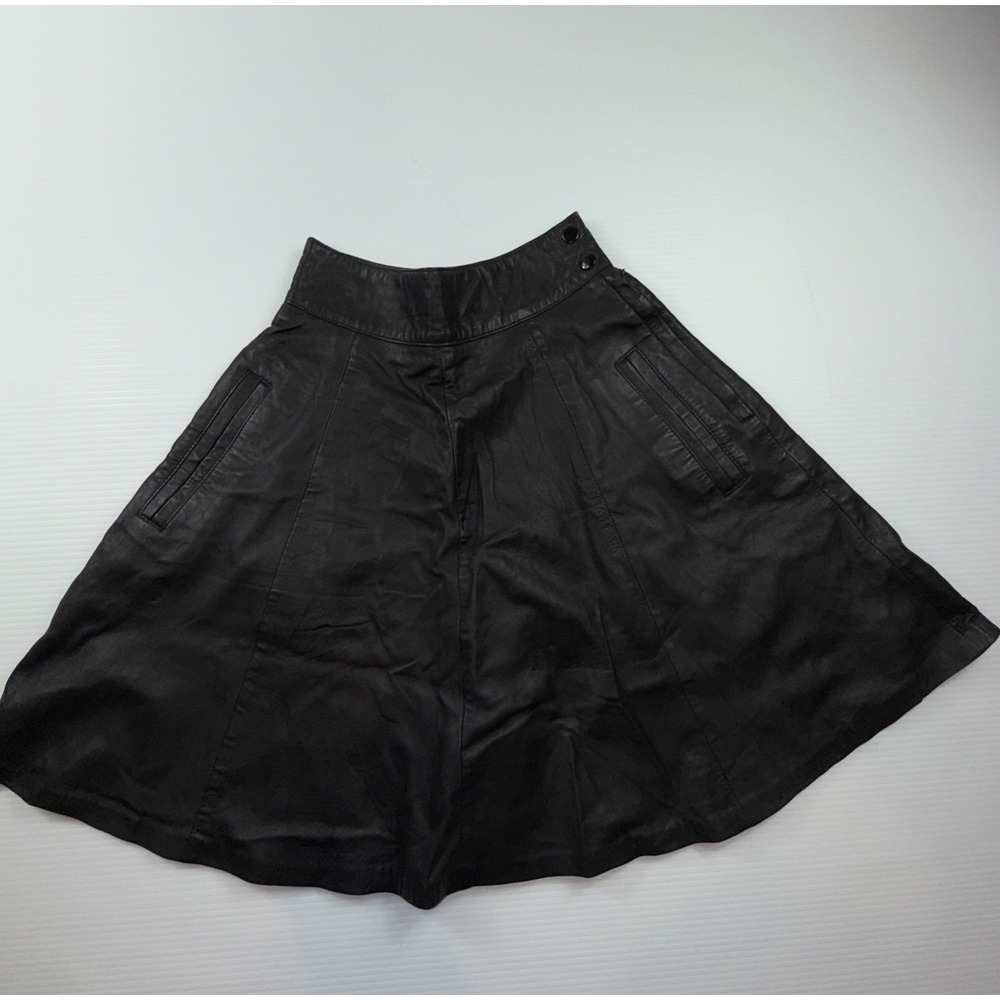VINTAGE KEZIA BLACK GENUINE LEATHER Flare SKIRT Size 6 Knee Length